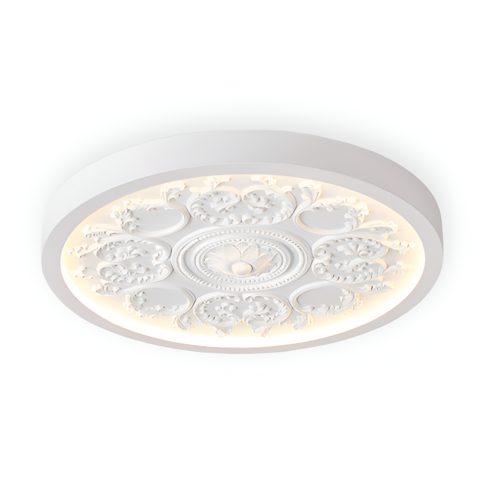 Rund loftslampe i barokstil udskåret relief med blomsterornamentik og træramme