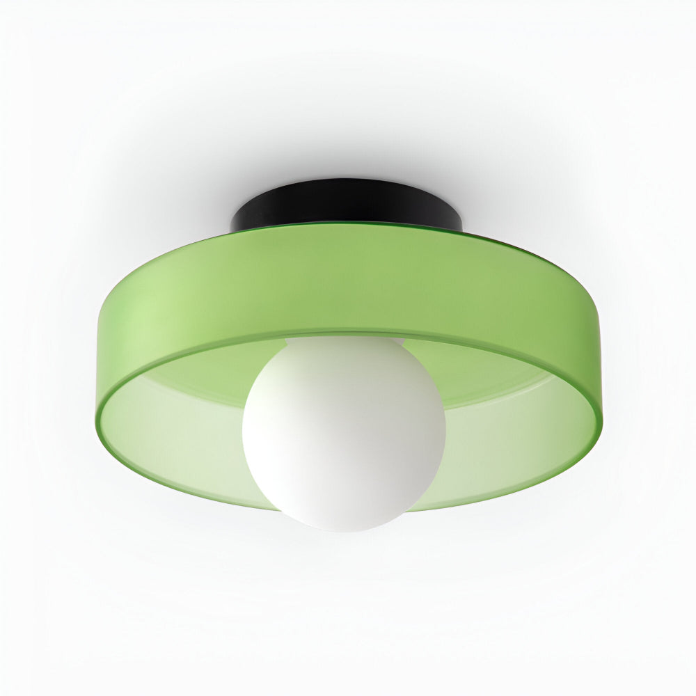 Rund loftslampe i glas med opal glaskugle