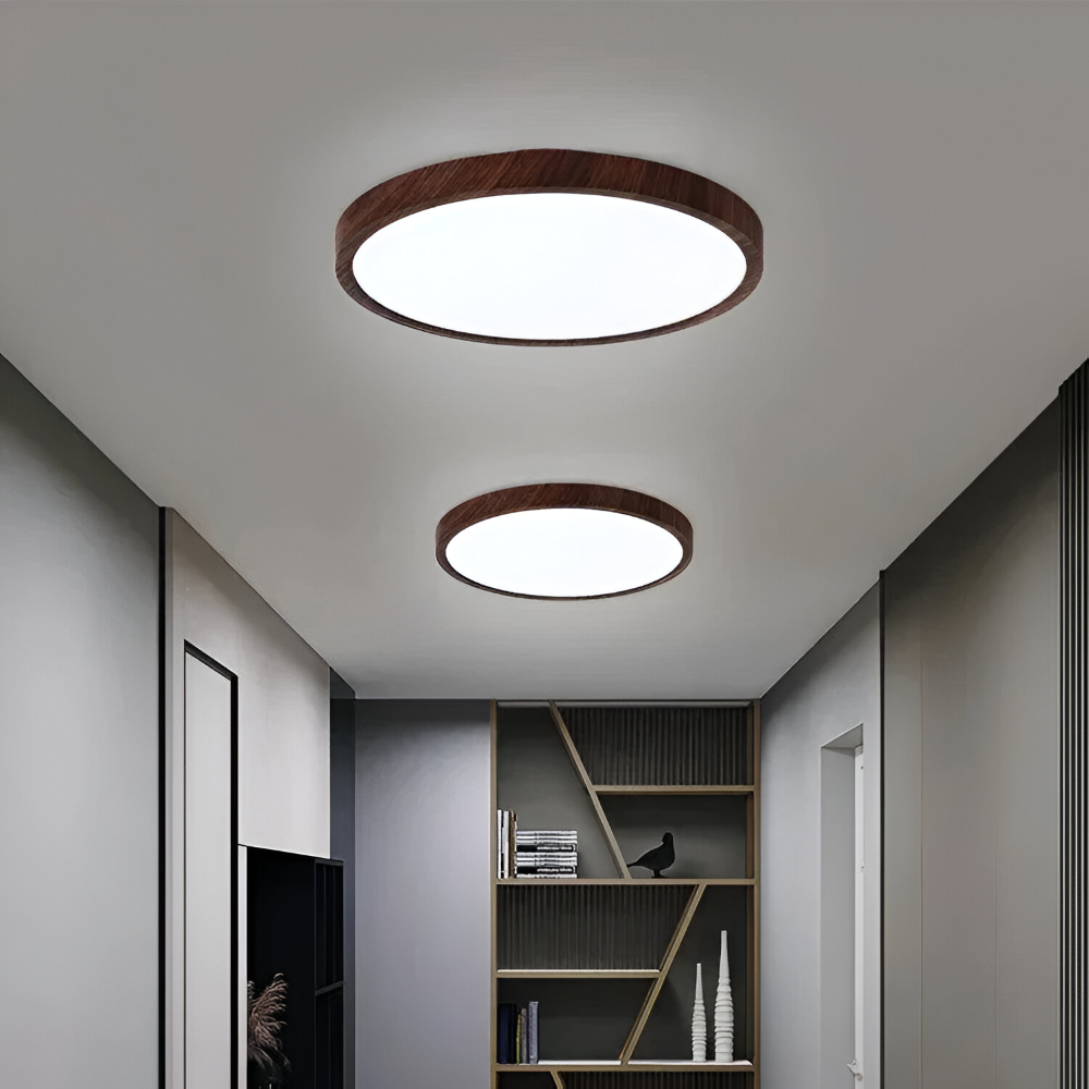Rund loftslampe indbygget lampe med træ og matteret diffuser
