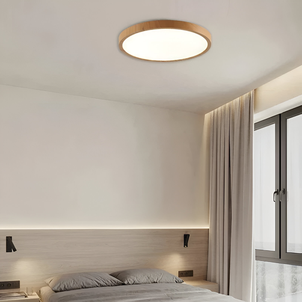 Rund loftslampe indbygget lampe med træ og matteret diffuser