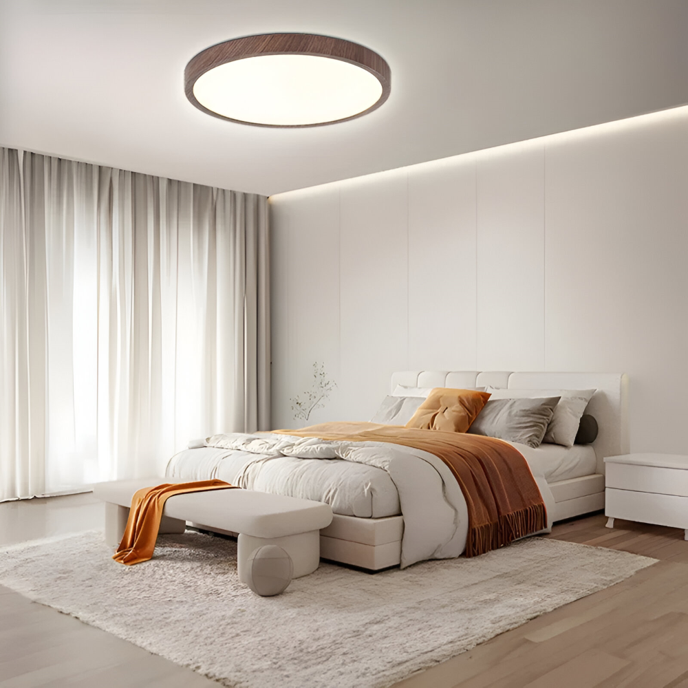 Rund loftslampe indbygget lampe med træ og matteret diffuser
