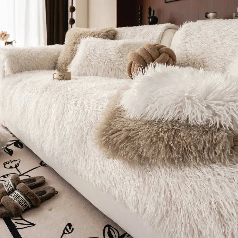 Faux Lambswool Sofa Cover with Long Shaggy Pile