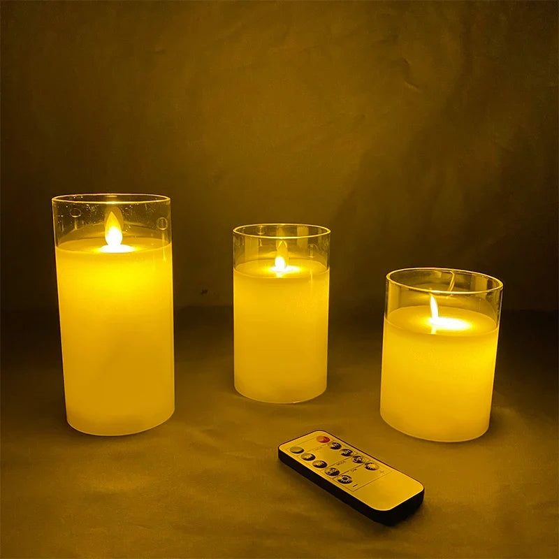 Flameless Candles 3 Piece Set in Tinted Glass LED Flickering for Table Decor