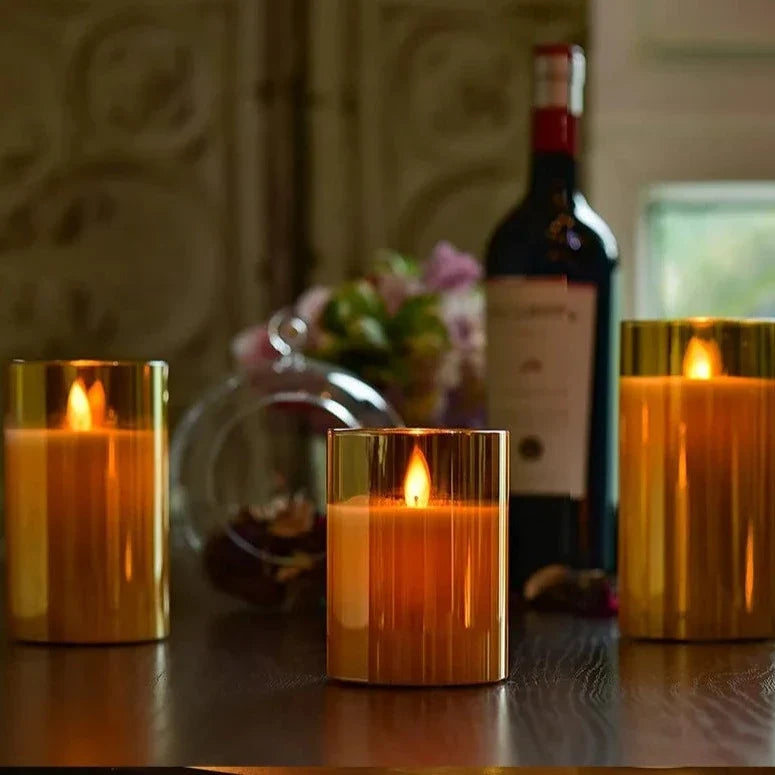 Flameless Candles 3 Piece Set in Tinted Glass LED Flickering for Table Decor