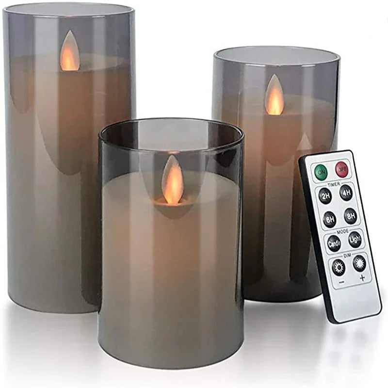 Flameless Candles 3 Piece Set in Tinted Glass LED Flickering for Table Decor