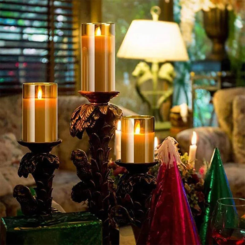 Flameless Candles 3 Piece Set in Tinted Glass LED Flickering for Table Decor