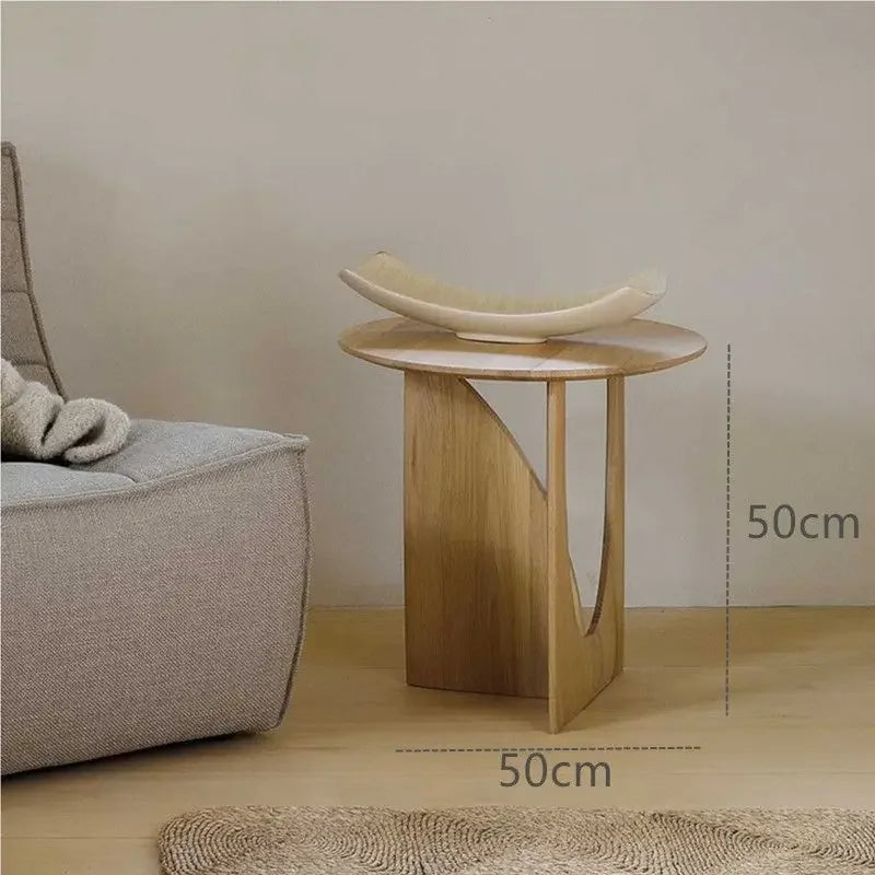 Round Solid Wood Side Table with Sculpted Geometric Base