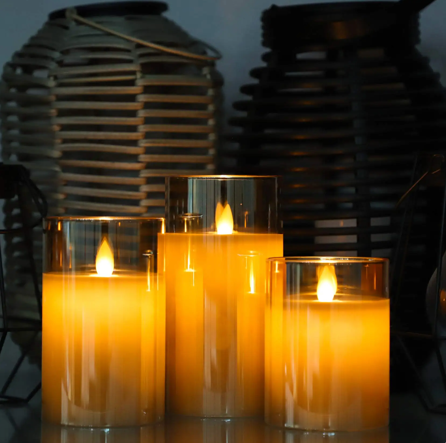 Flameless Candles 3 Piece Set in Tinted Glass LED Flickering for Table Decor