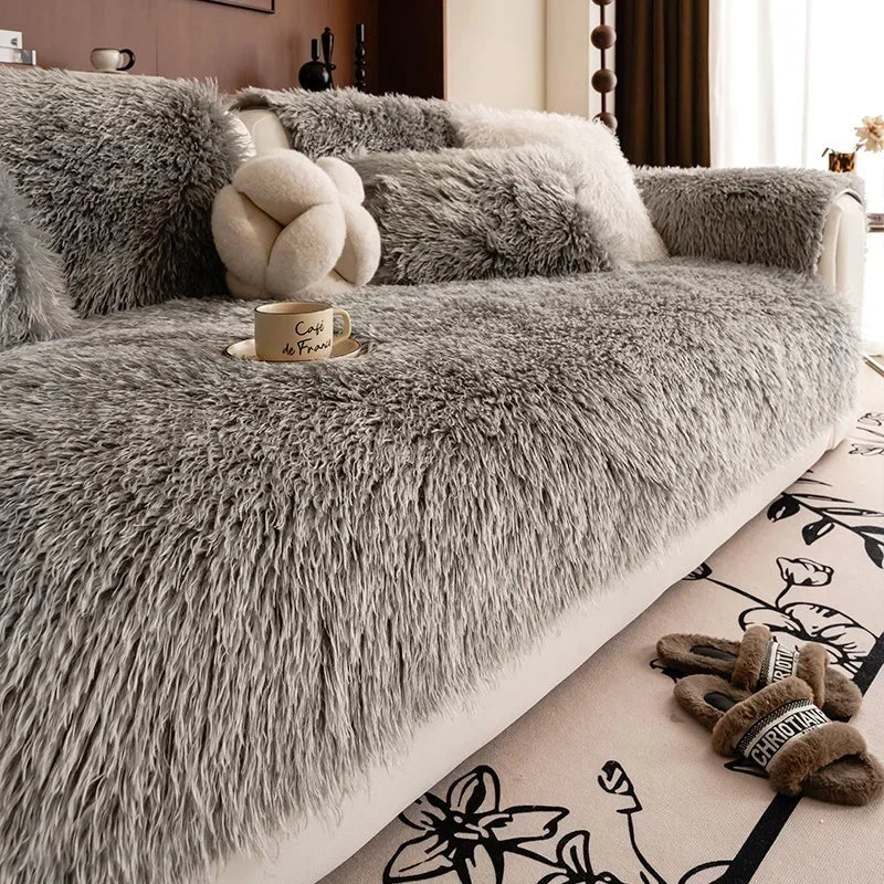 Faux Lambswool Sofa Cover with Long Shaggy Pile