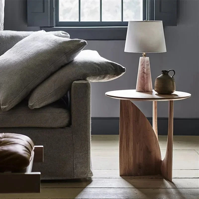 Round Solid Wood Side Table with Sculpted Geometric Base