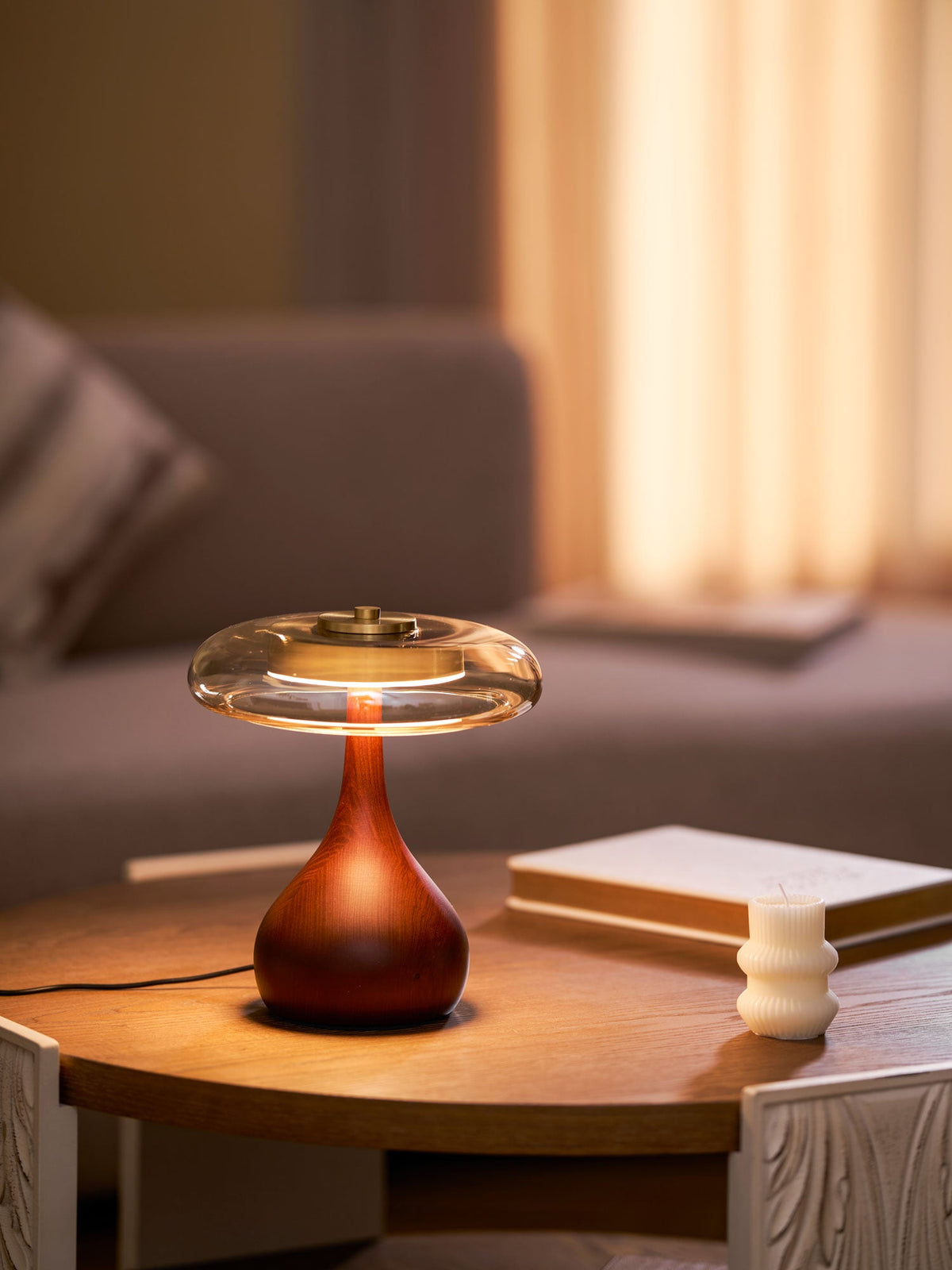 Glass Table Lamp Brass and Wood Base Three Color Temperatures Bedside