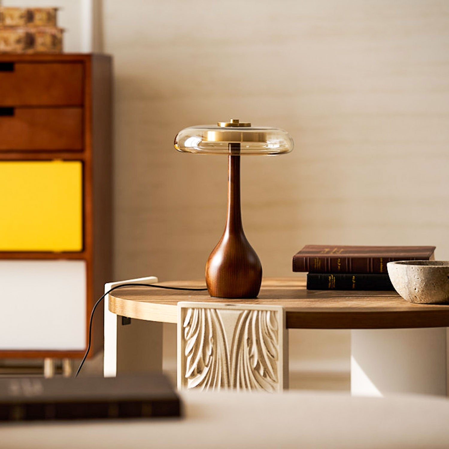 Glass Table Lamp Brass and Wood Base Three Color Temperatures Bedside
