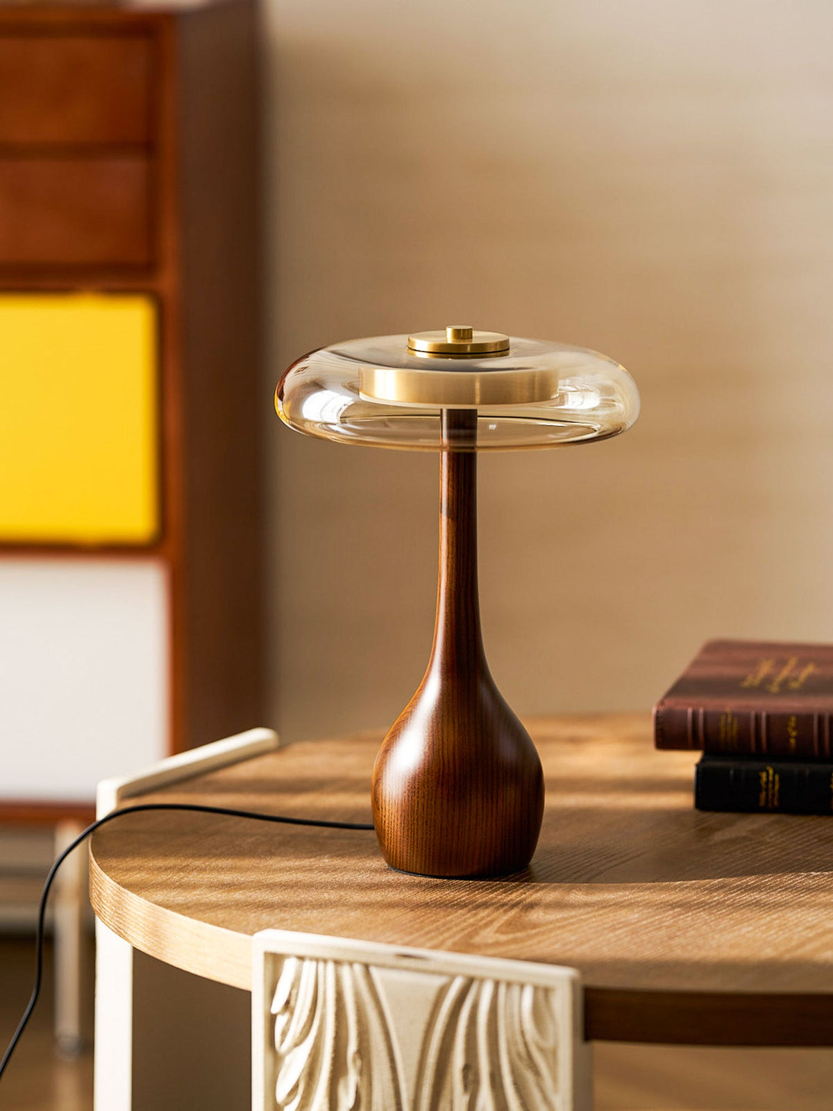 Glass Table Lamp Brass and Wood Base Three Color Temperatures Bedside