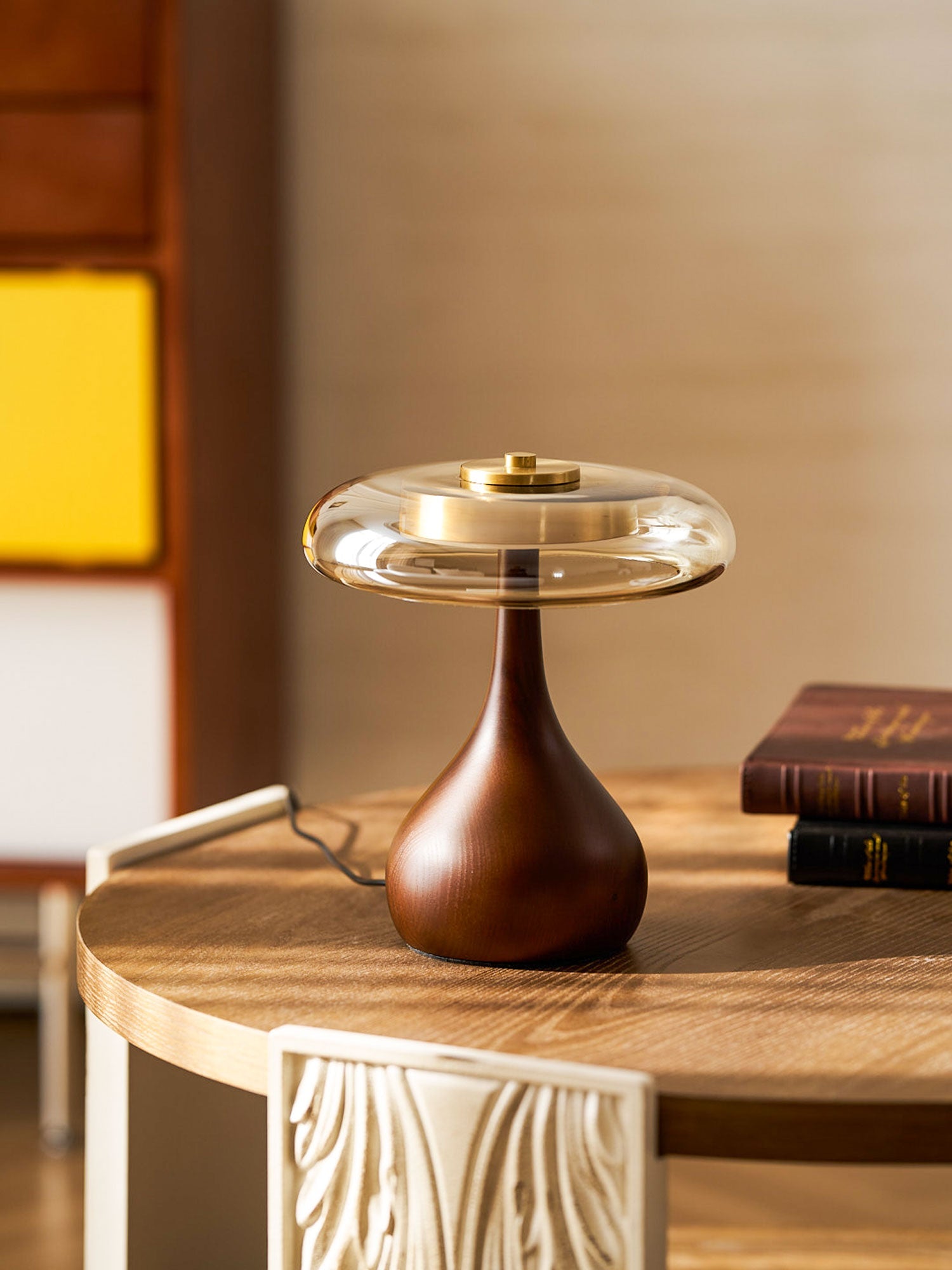 Glass Table Lamp Brass and Wood Base Three Color Temperatures Bedside