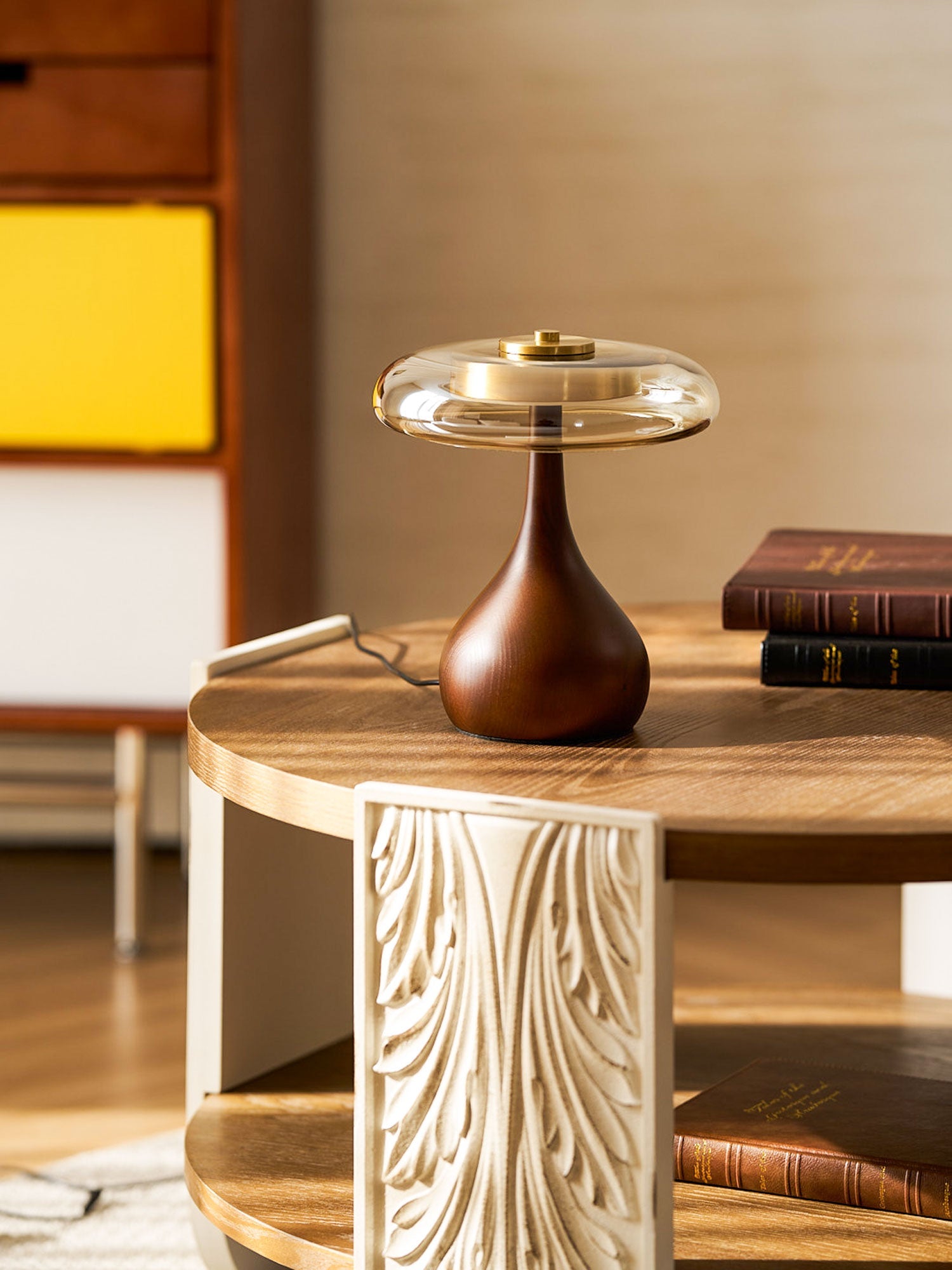 Glass Table Lamp Brass and Wood Base Three Color Temperatures Bedside