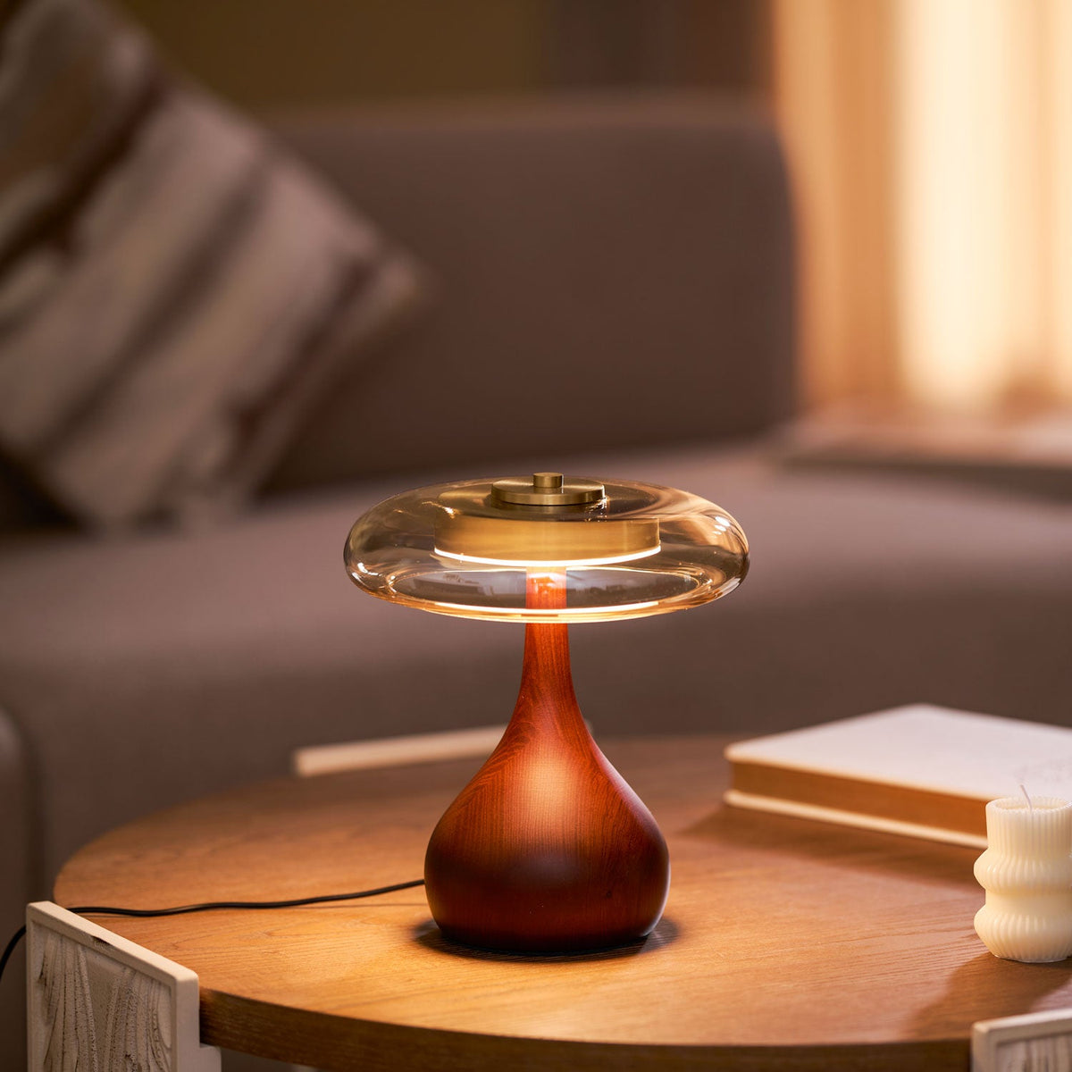 Glass Table Lamp Brass and Wood Base Three Color Temperatures Bedside