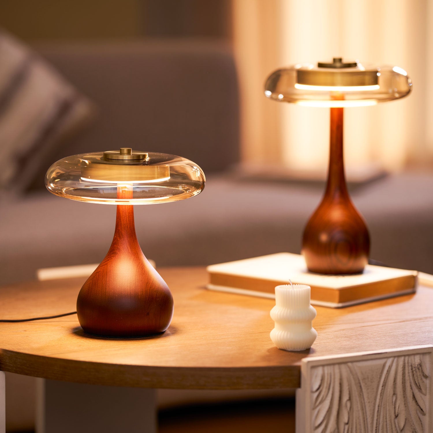 Glass Table Lamp Brass and Wood Base Three Color Temperatures Bedside