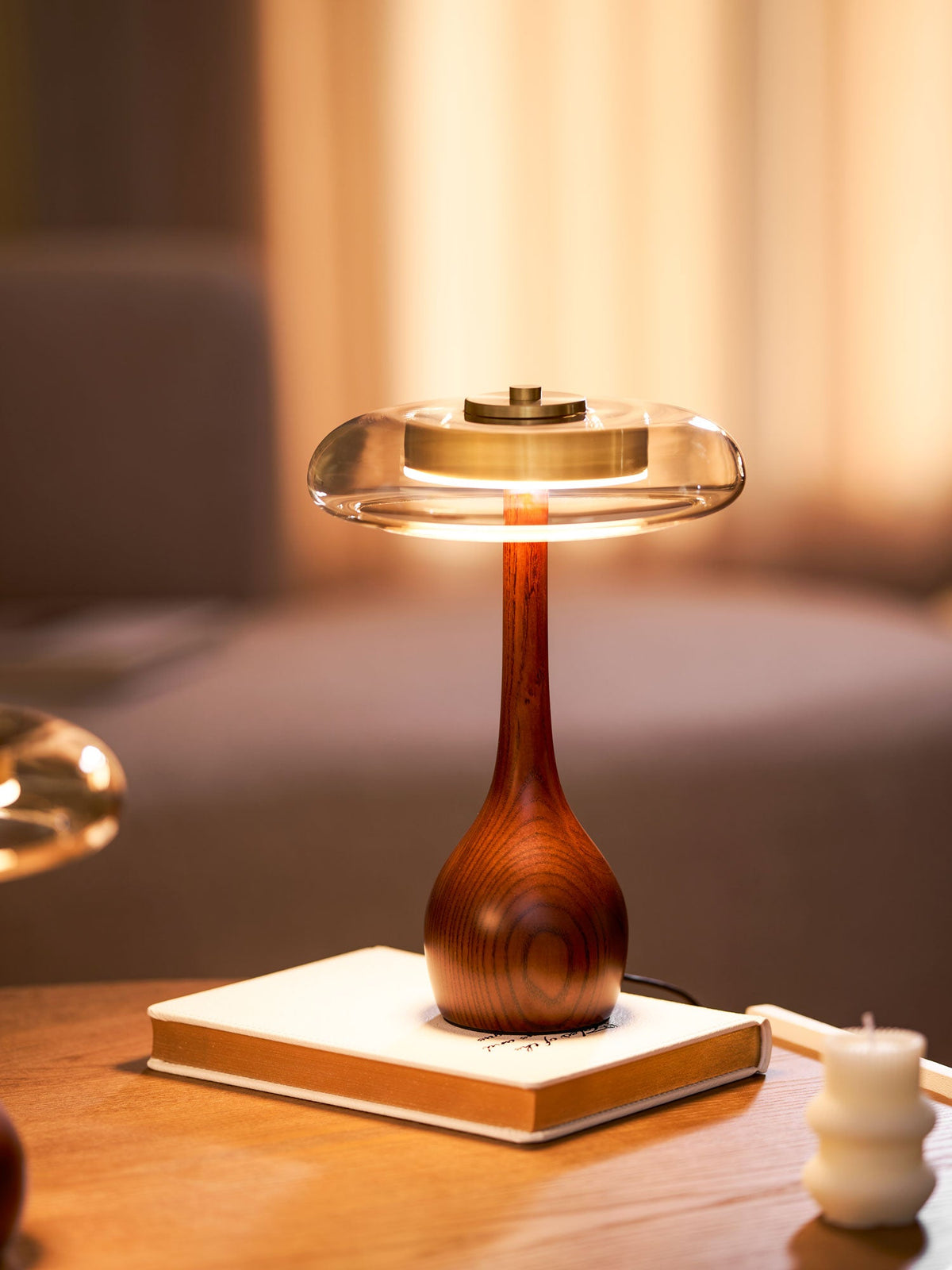 Glass Table Lamp Brass and Wood Base Three Color Temperatures Bedside