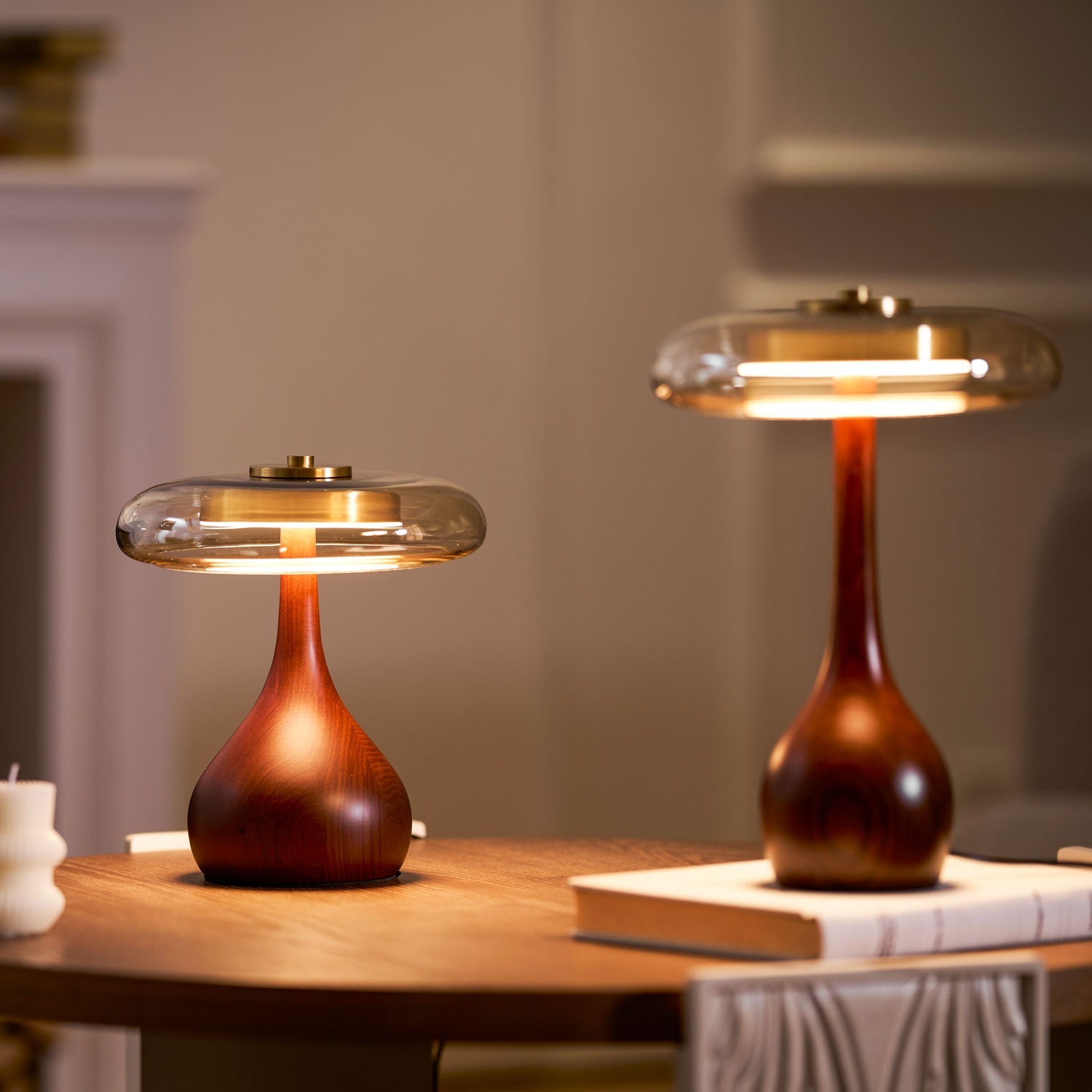 Glass Table Lamp Brass and Wood Base Three Color Temperatures Bedside