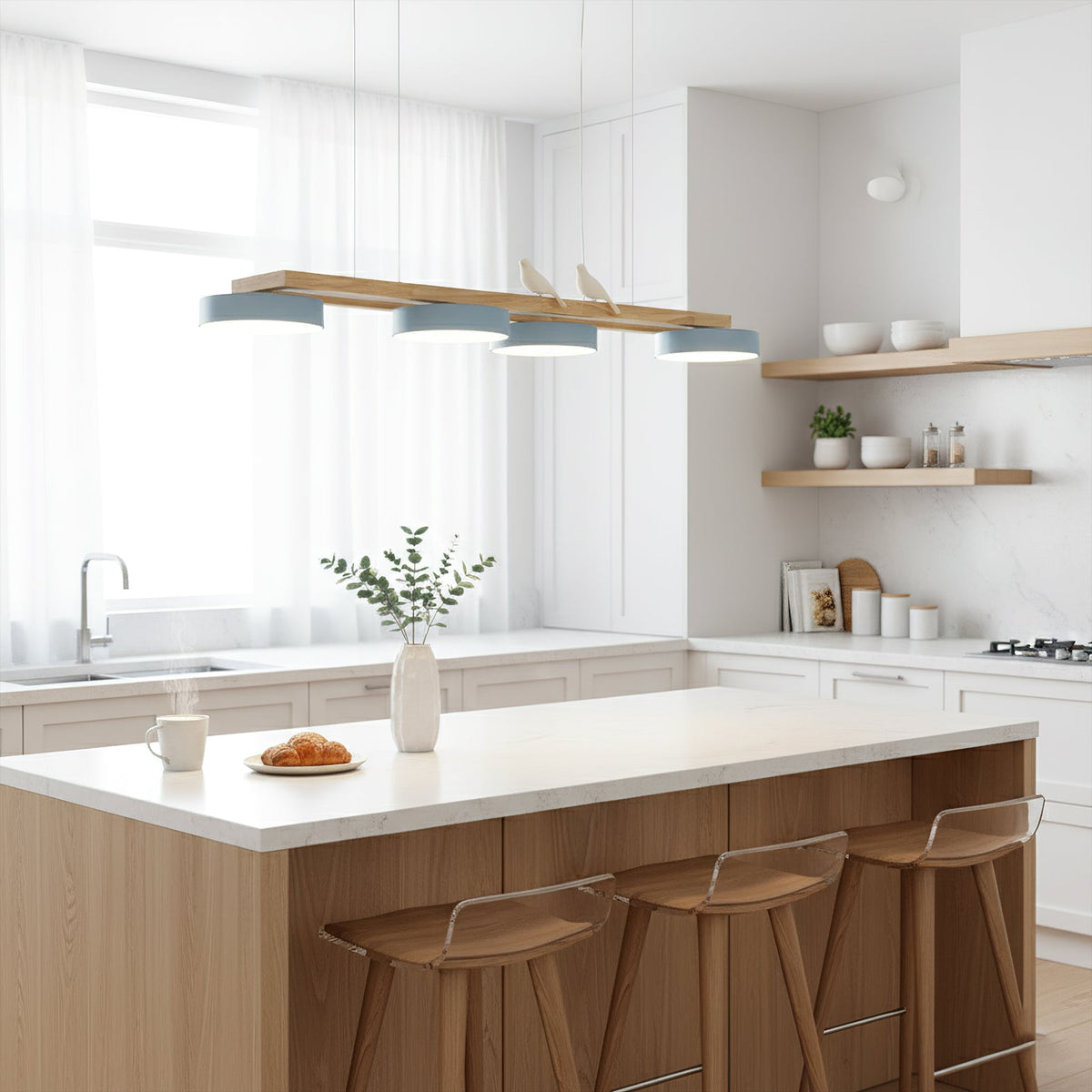 Linear Chandelier for Kitchen Island Wood Frame with Bird Figurines LED