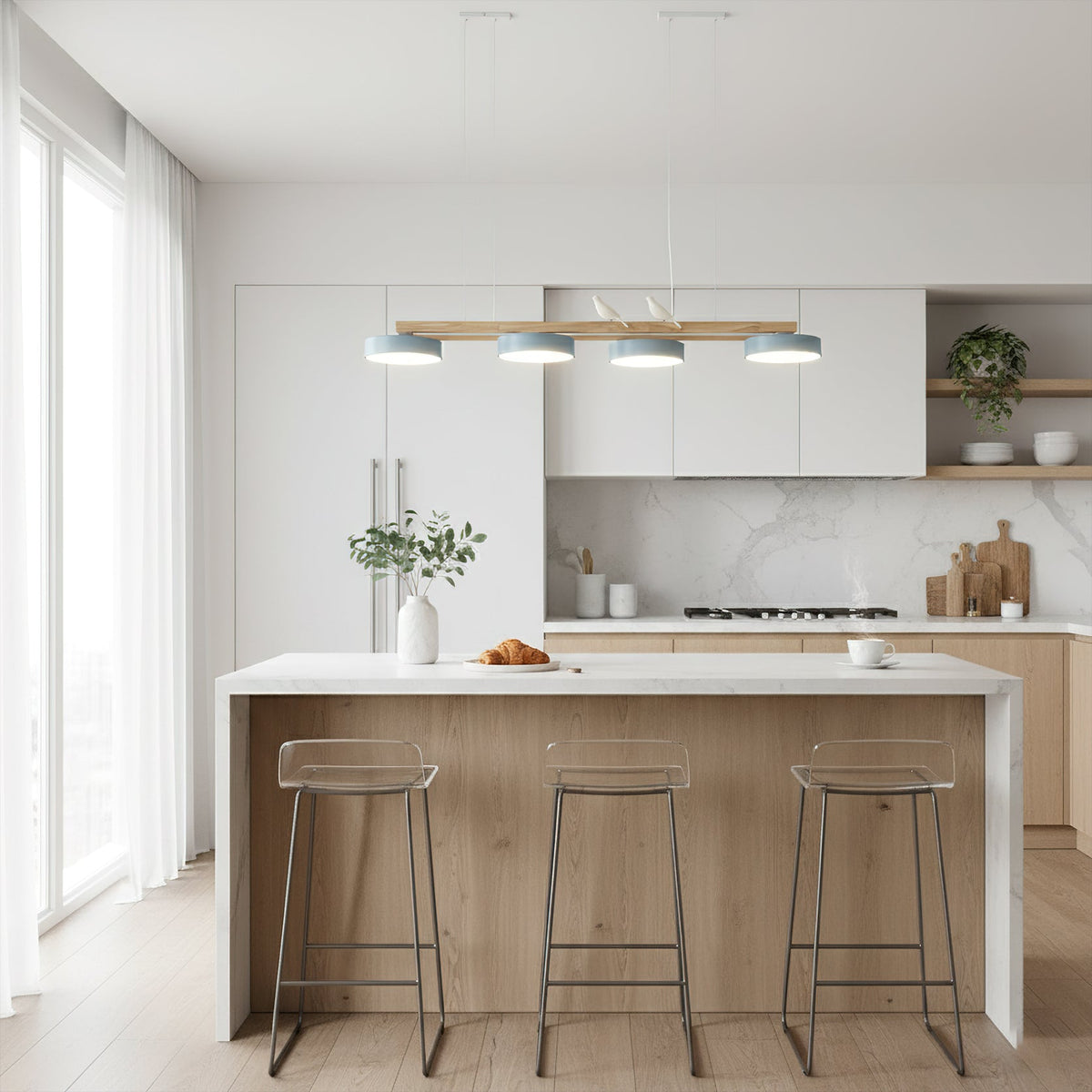 Linear Chandelier for Kitchen Island Wood Frame with Bird Figurines LED