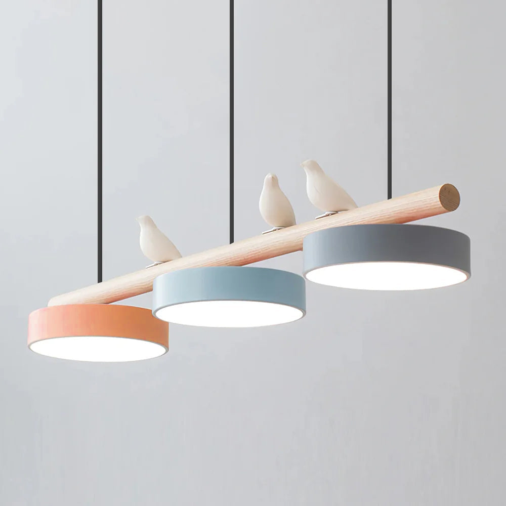 Linear Bar Pendant Light with Movable Bird Figurines Remote Dimming LED