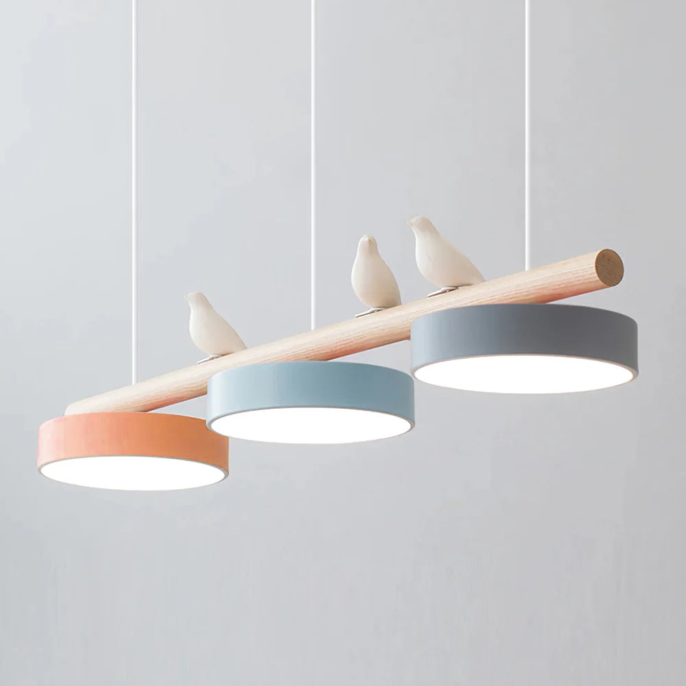 Linear Bar Pendant Light with Movable Bird Figurines Remote Dimming LED