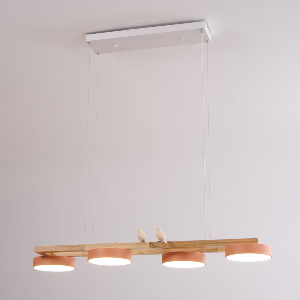 Linear Chandelier for Kitchen Island Wood Frame with Bird Figurines LED