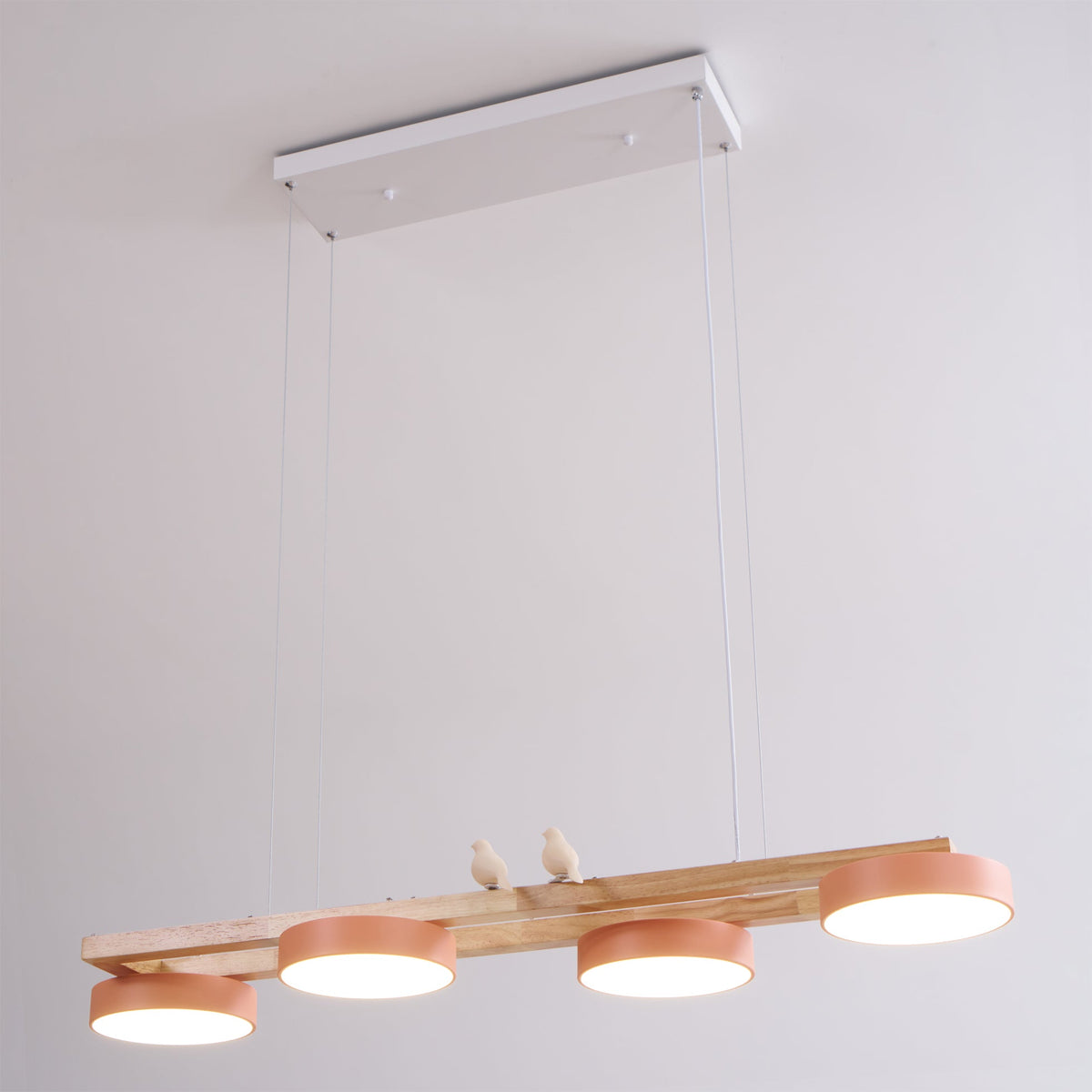 Linear Chandelier for Kitchen Island Wood Frame with Bird Figurines LED