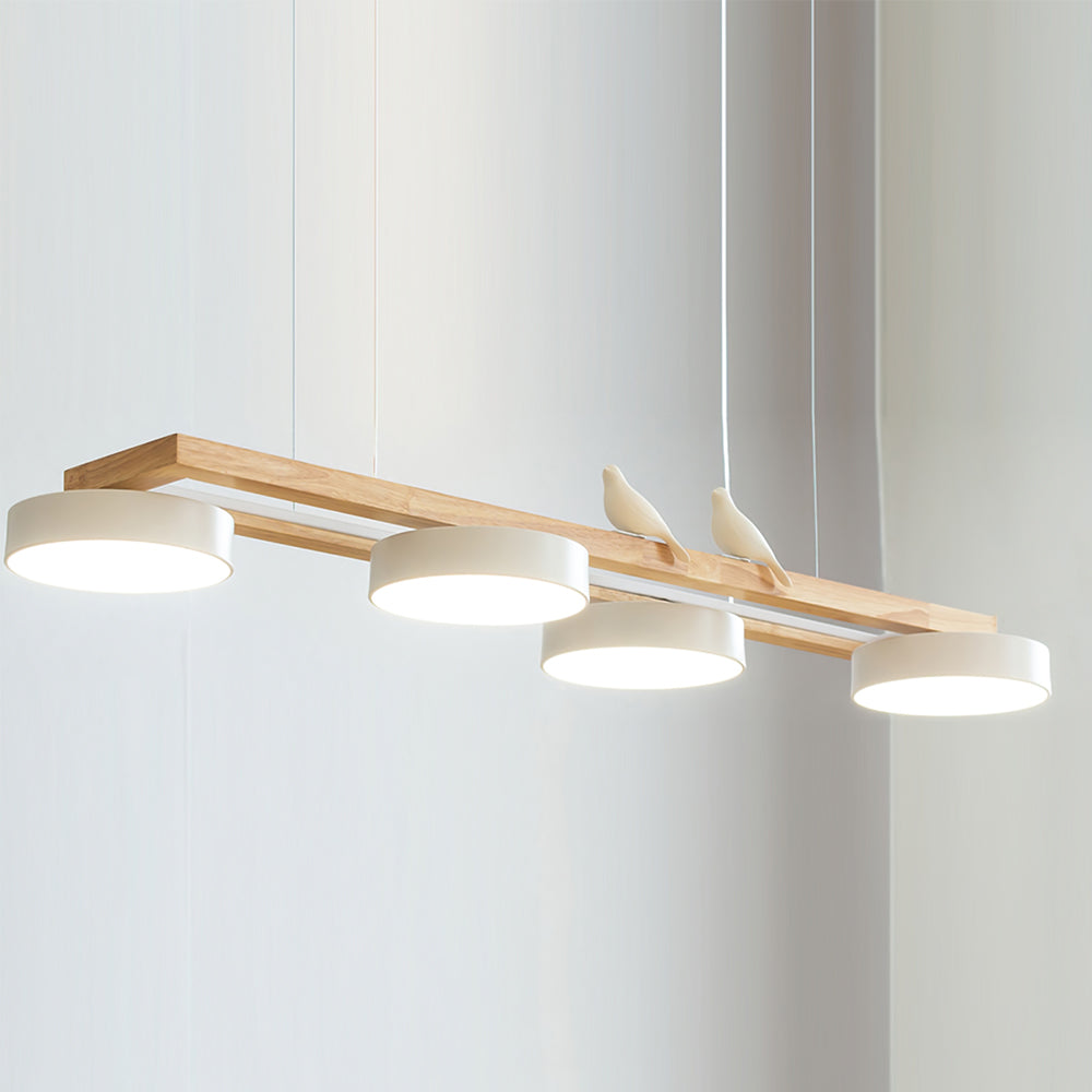 Linear Chandelier for Kitchen Island Wood Frame with Bird Figurines LED