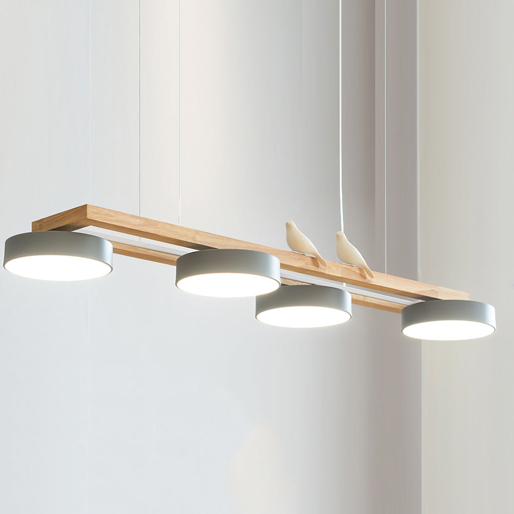 Linear Chandelier for Kitchen Island Wood Frame with Bird Figurines LED