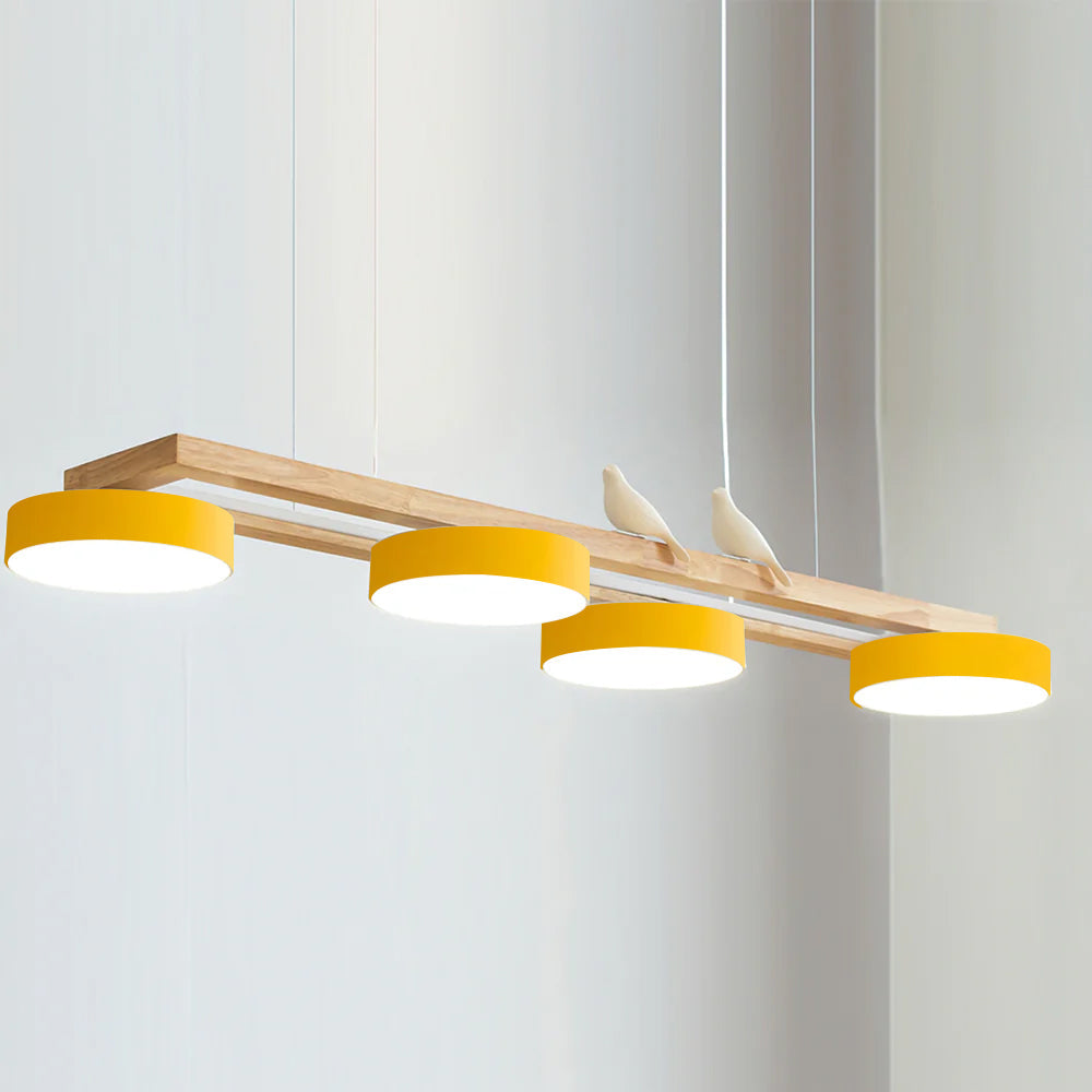Linear Chandelier for Kitchen Island Wood Frame with Bird Figurines LED