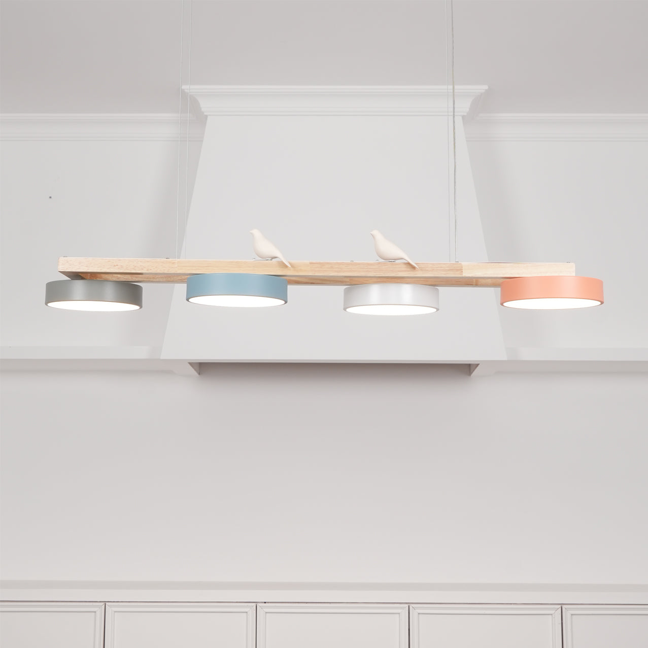 Linear Chandelier for Kitchen Island Wood Frame with Bird Figurines LED