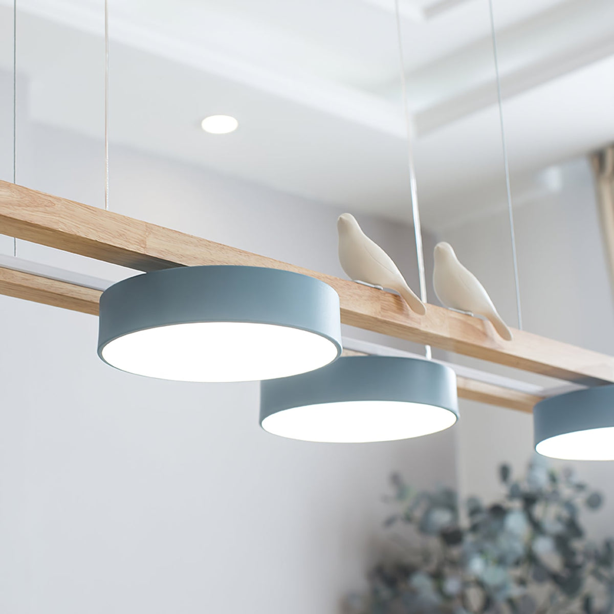 Linear Chandelier for Kitchen Island Wood Frame with Bird Figurines LED