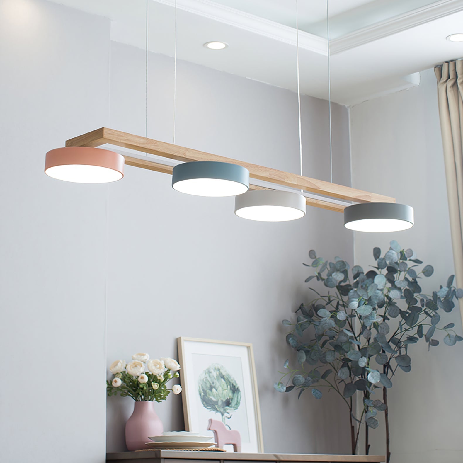Linear Chandelier for Kitchen Island Wood Frame with Bird Figurines LED