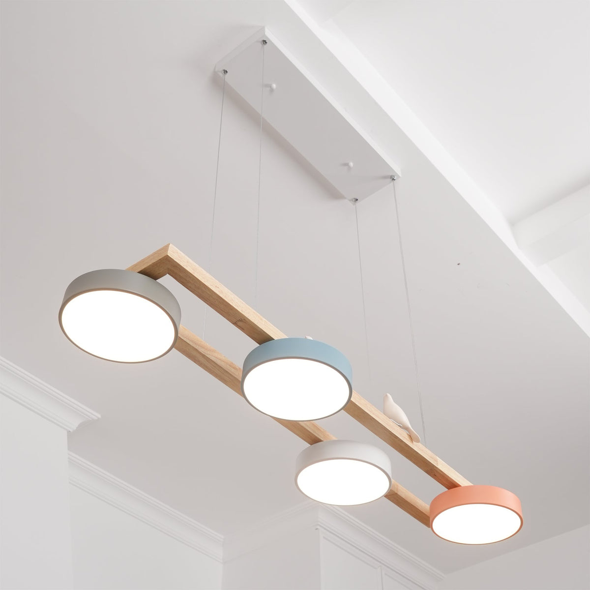 Linear Chandelier for Kitchen Island Wood Frame with Bird Figurines LED