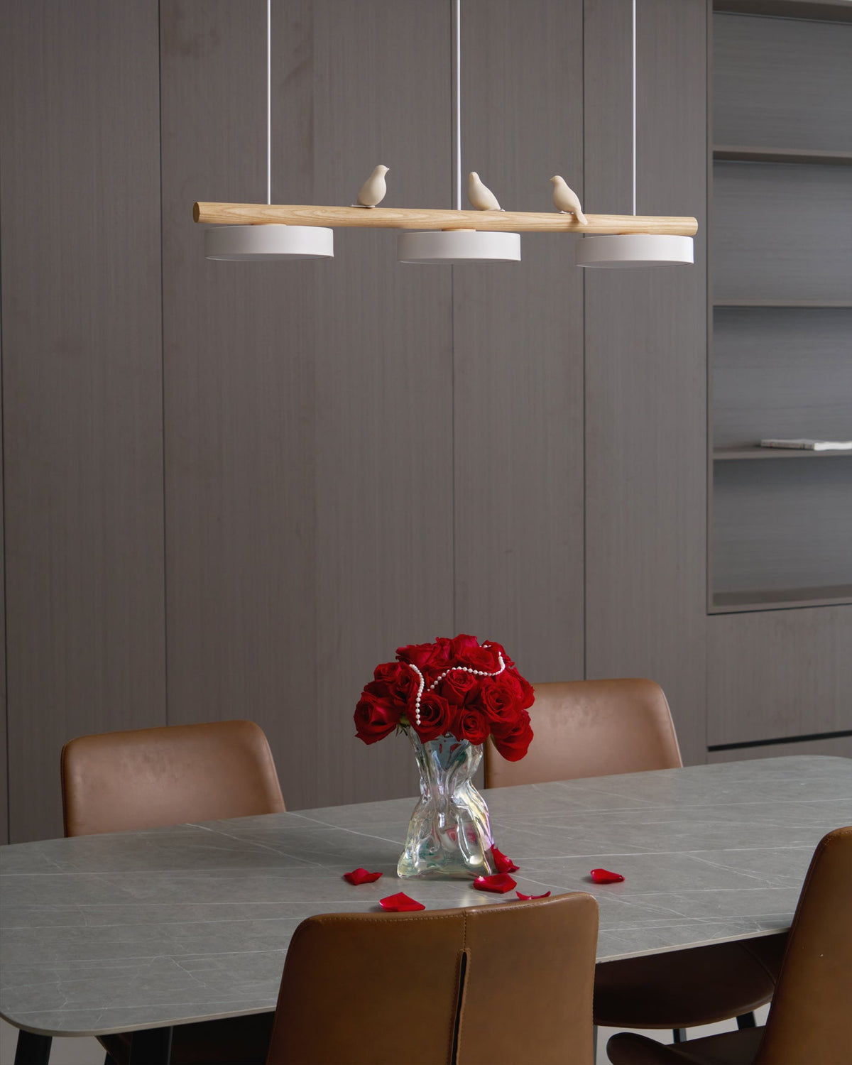 Linear Bar Pendant Light with Movable Bird Figurines Remote Dimming LED