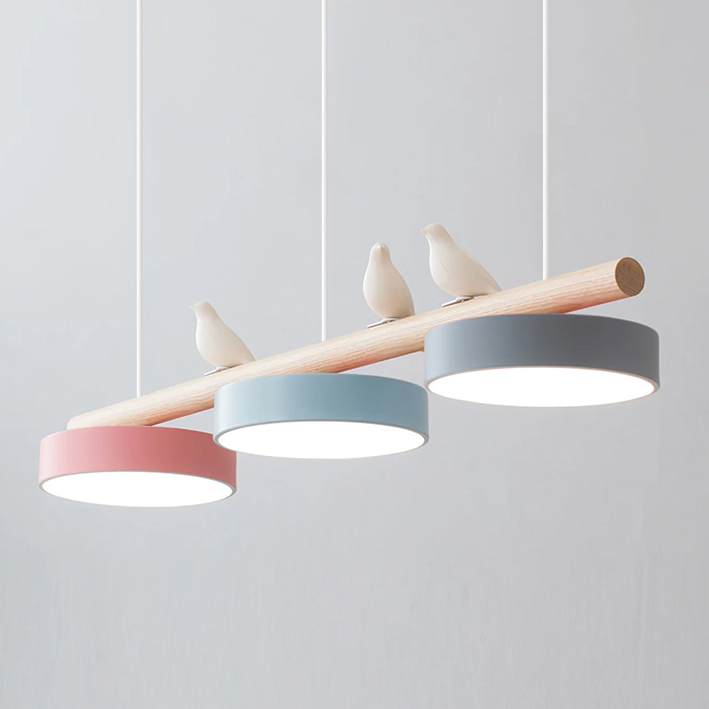 Linear Bar Pendant Light with Movable Bird Figurines Remote Dimming LED