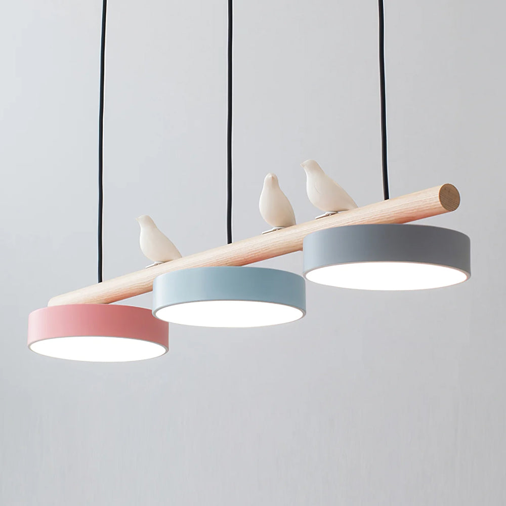 Linear Bar Pendant Light with Movable Bird Figurines Remote Dimming LED