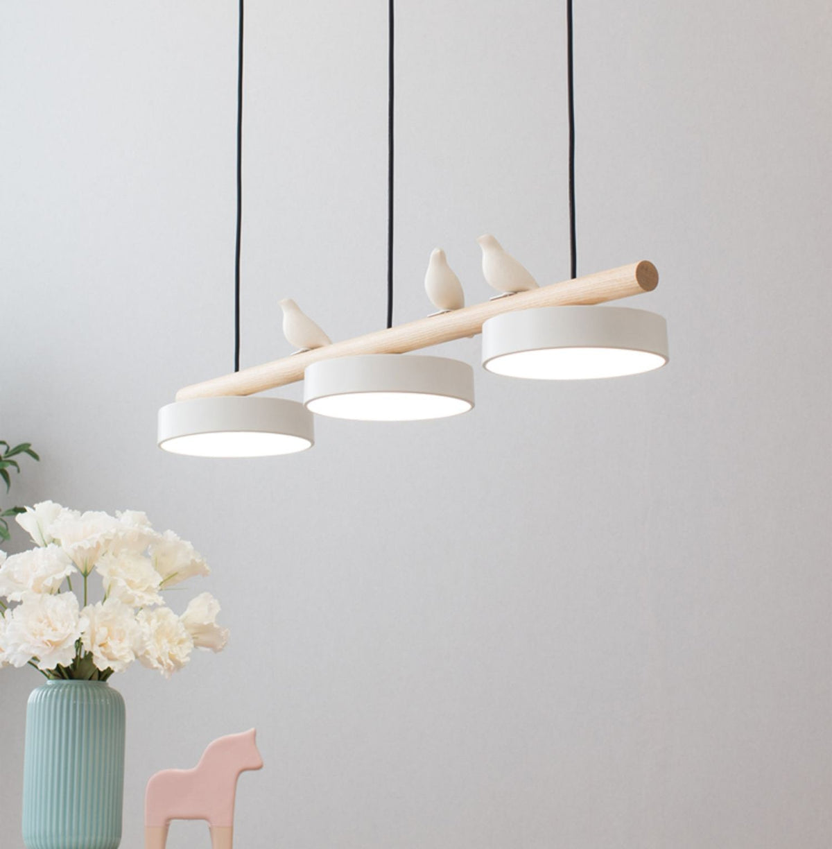 Linear Bar Pendant Light with Movable Bird Figurines Remote Dimming LED