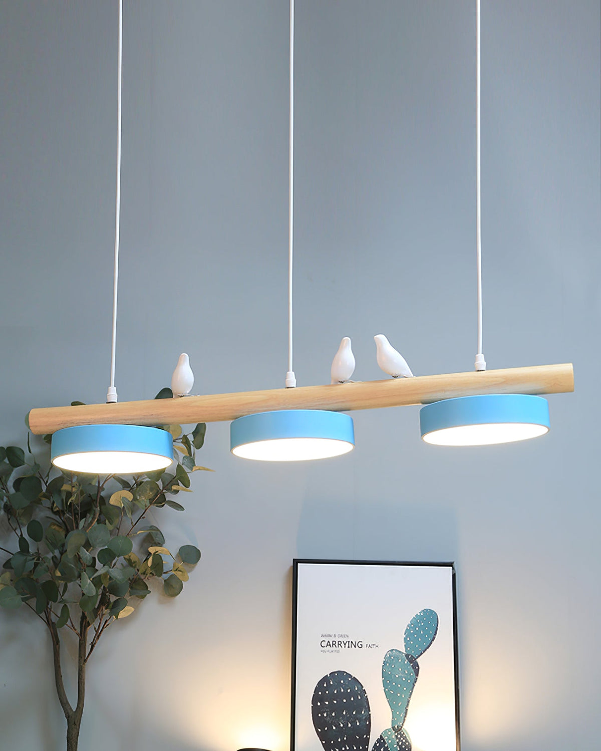 Linear Bar Pendant Light with Movable Bird Figurines Remote Dimming LED