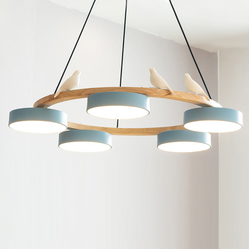 Round Wood Chandelier with Bird Figurines LED Dimmable Dining Room