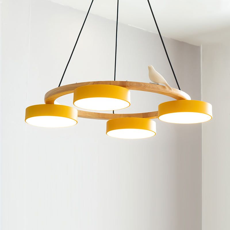 Round Wood Chandelier with Bird Figurines LED Dimmable Dining Room