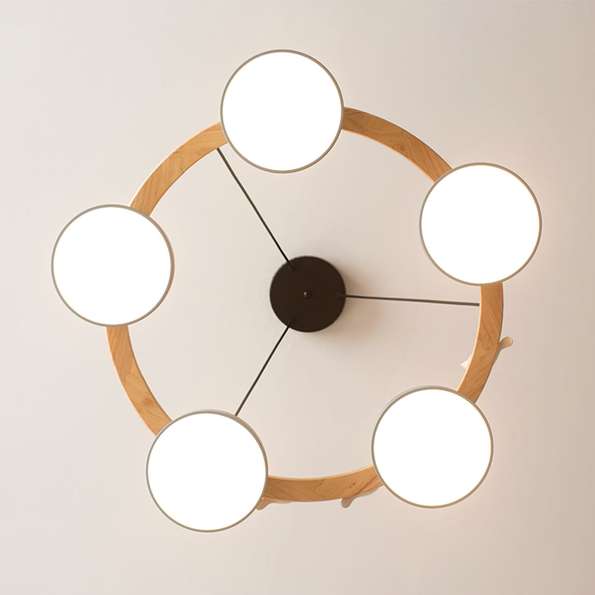 Round Wood Chandelier with Bird Figurines LED Dimmable Dining Room