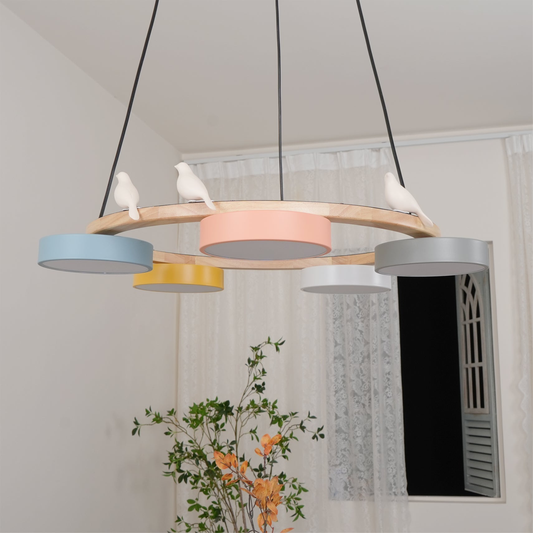 Round Wood Chandelier with Bird Figurines LED Dimmable Dining Room