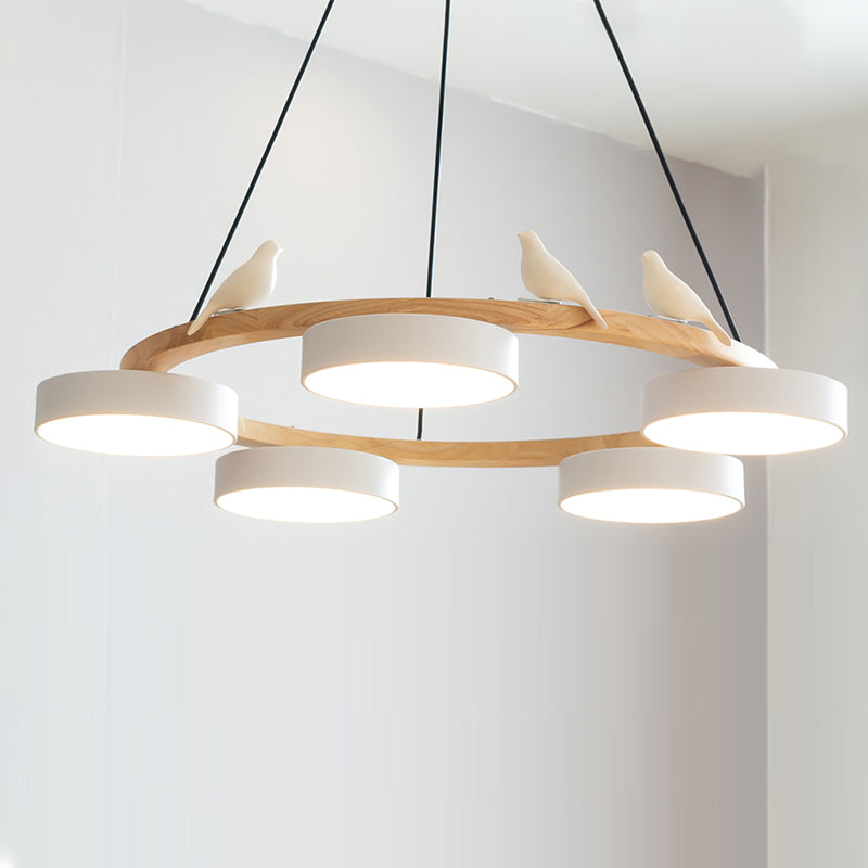 Round Wood Chandelier with Bird Figurines LED Dimmable Dining Room