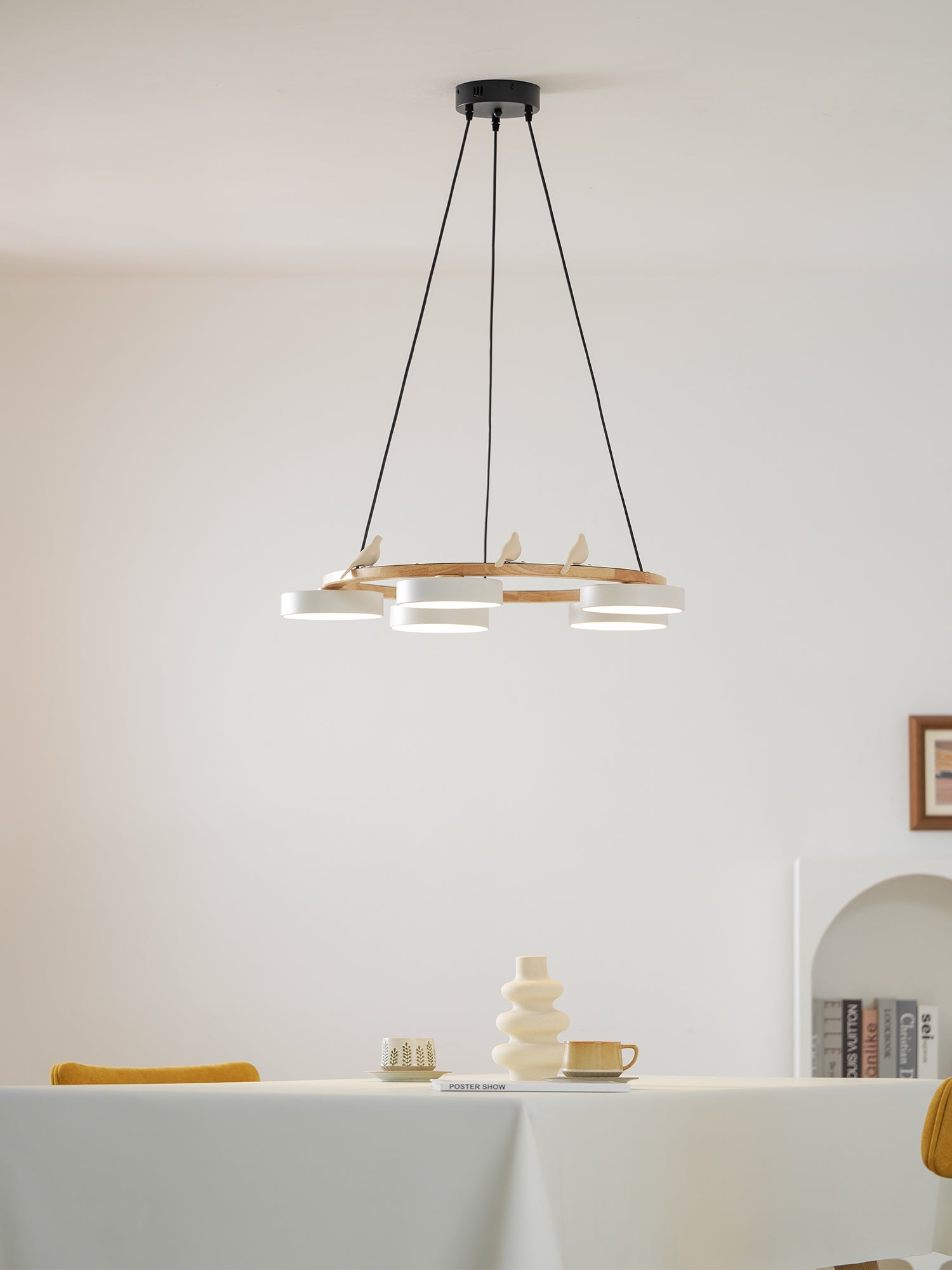 Round Wood Chandelier with Bird Figurines LED Dimmable Dining Room
