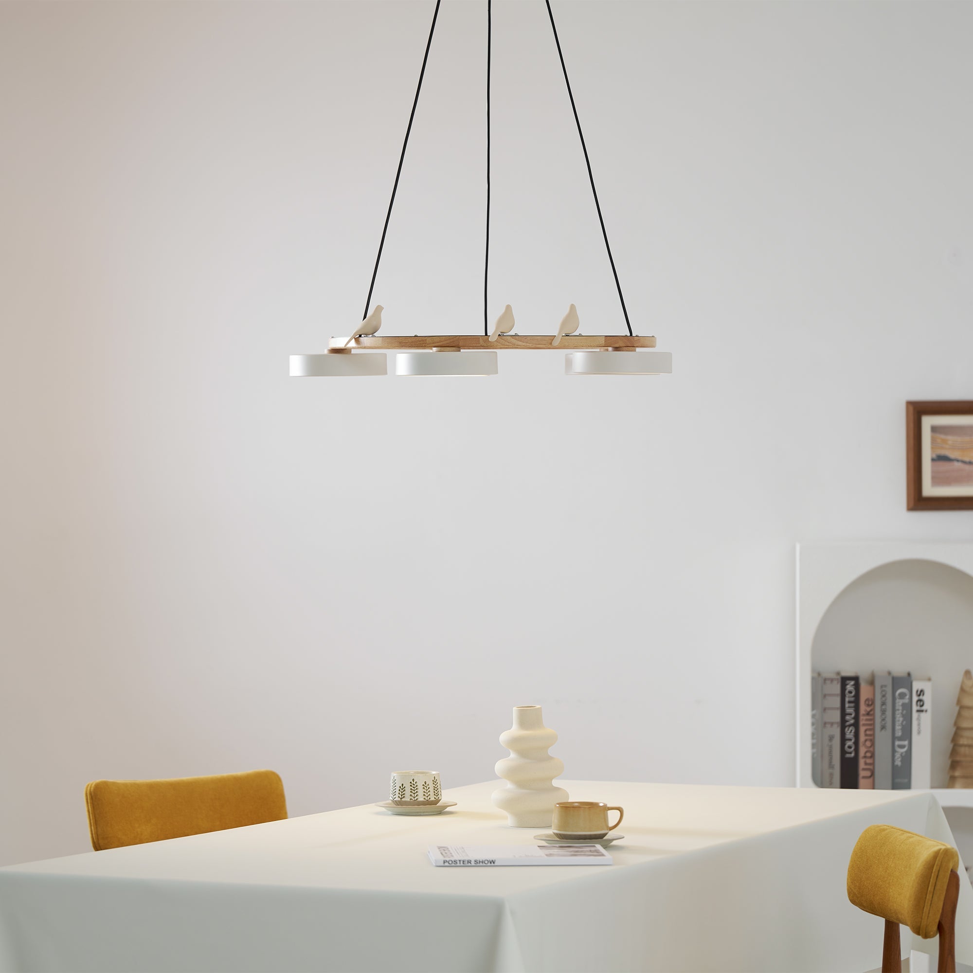 Round Wood Chandelier with Bird Figurines LED Dimmable Dining Room