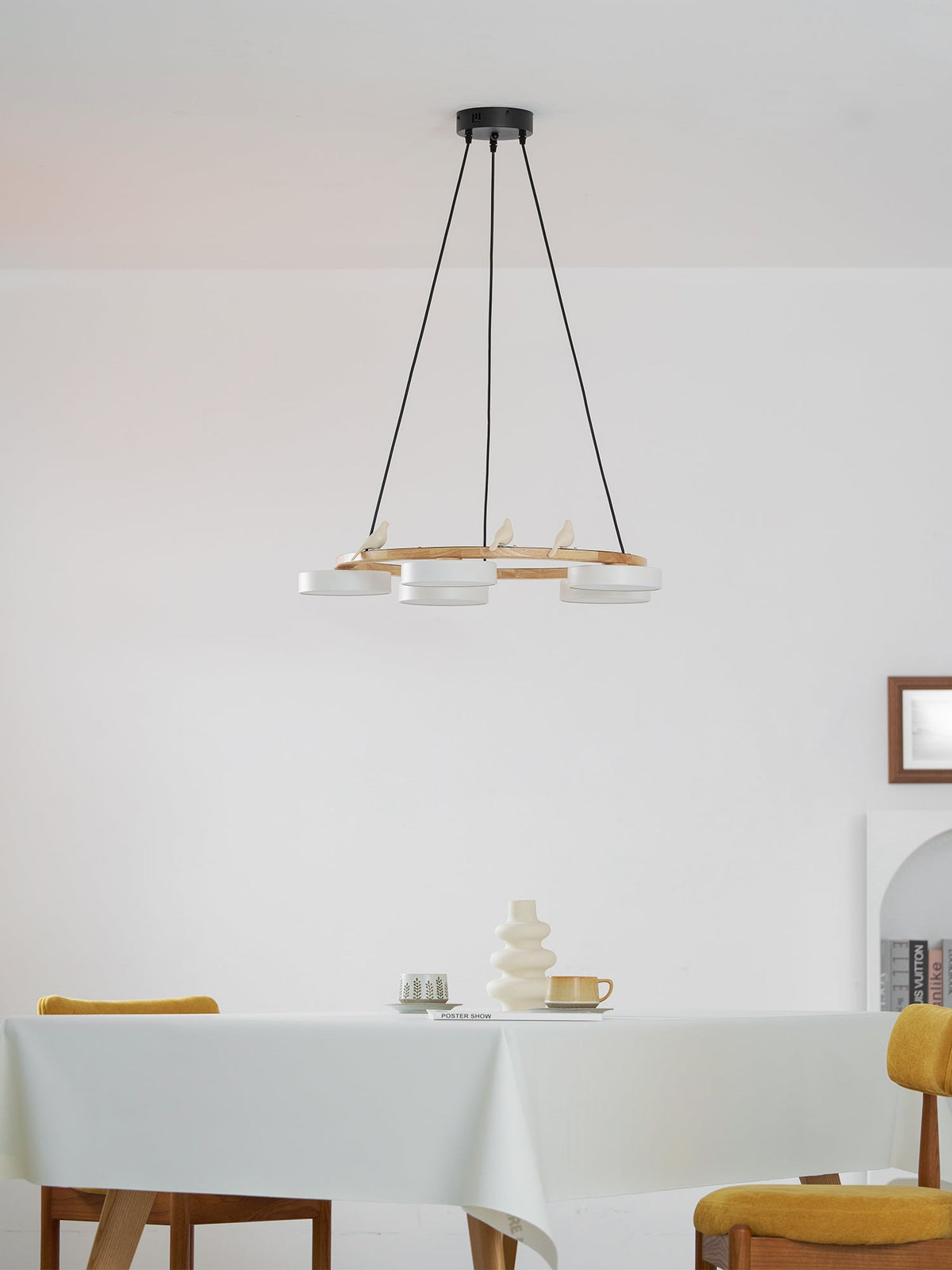 Round Wood Chandelier with Bird Figurines LED Dimmable Dining Room