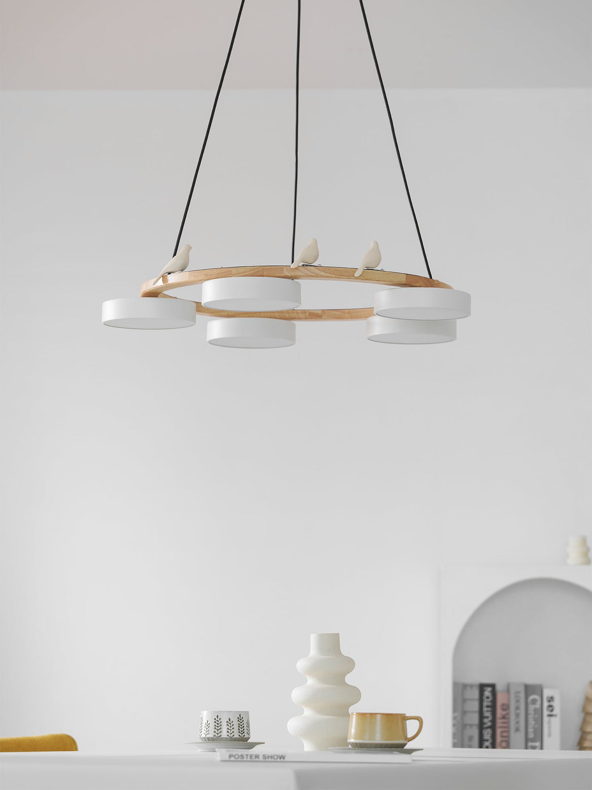 Round Wood Chandelier with Bird Figurines LED Dimmable Dining Room